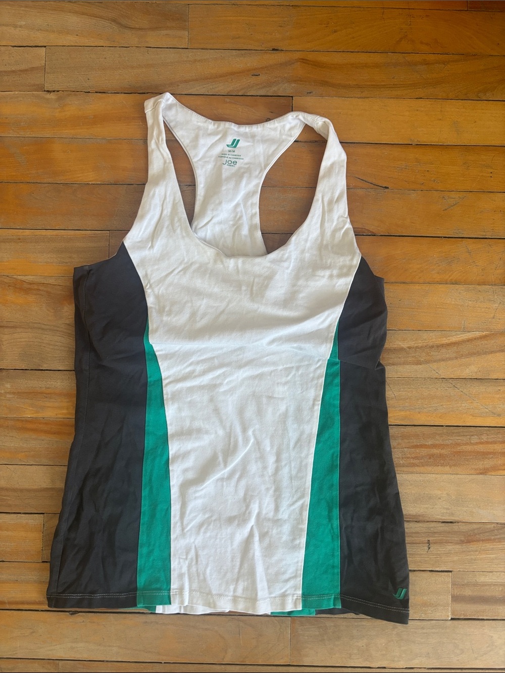 Joe Fresh White Racerback Tank with Black Sides and Teal Stripes